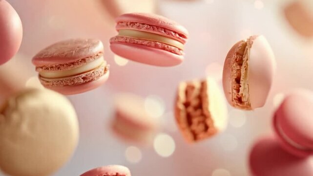 Colorful macarons floating in the air, showcasing their delicate textures and vibrant hues against a soft background