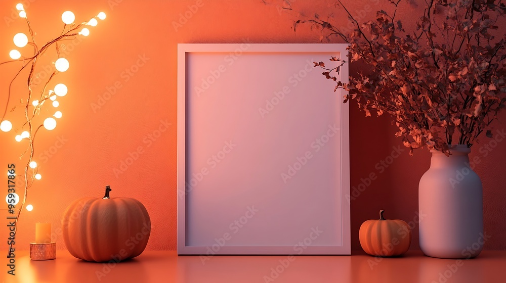 Poster White empty frame in orange solid color studio scene white lights Halloween background Product display mockup design : Generative AI