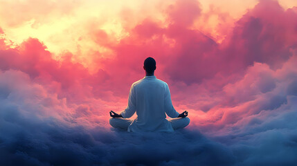 A man sits in a lotus pose on a cloud, meditating in a dreamy, colorful sky.