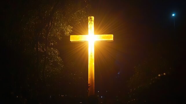 A church's cross glows with light from behind, illuminating the night with a sense of miraculous wonder.