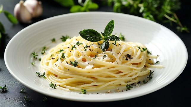 spaghetti espaguete ao molho branco de queijos with white cheese sauce isolated on black background in white plate with selective focus : Generative AI
