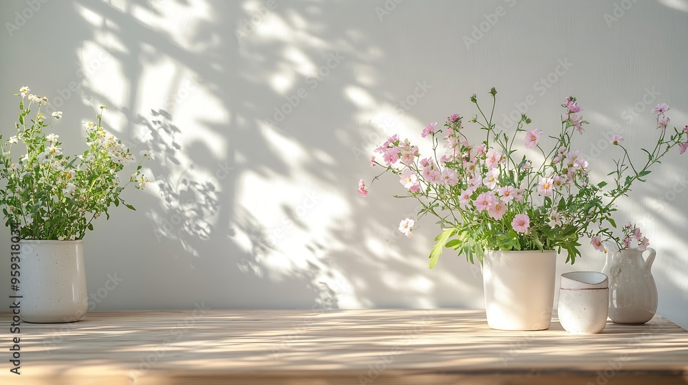 Poster table background of free space and kitchen interiorwhite wall with shadows and sunny warm morning ti