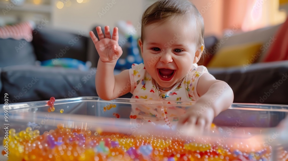 Aufkleber a baby enjoys playing with a sensory bin, their hands exploring the different textures and their fac