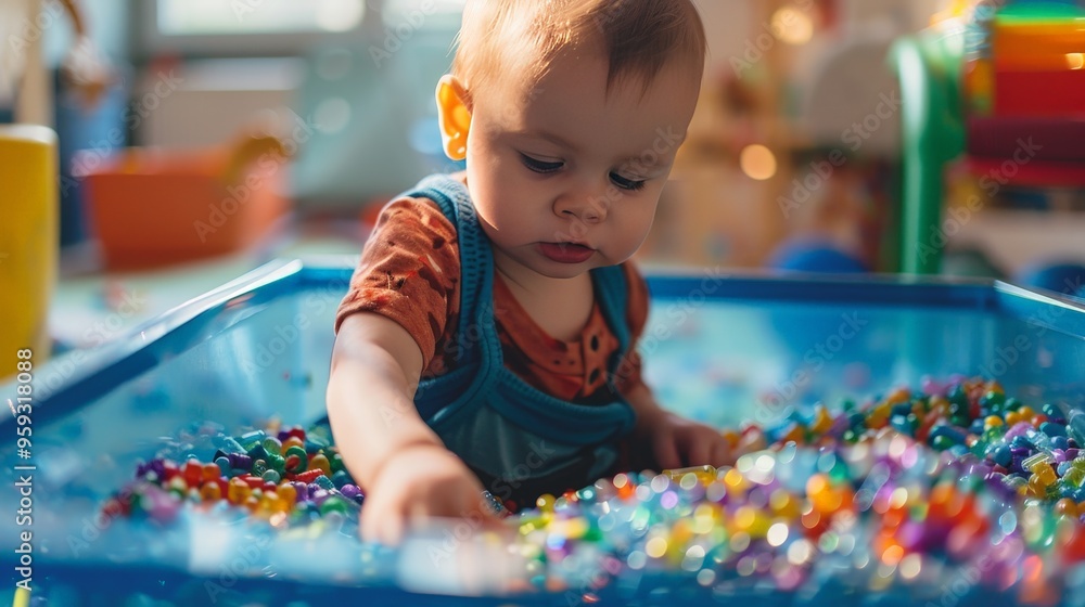 Aufkleber a baby enjoys playing with a sensory bin, their hands exploring the different textures and their fac