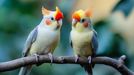 Fototapeta premium two cockatiels perched on a branch They are very beautiful and colorful birds : Generative AI