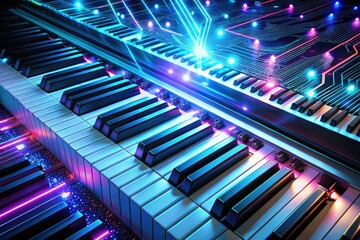 futuristic neon lights piano keyboard circuitry glow abstract patterns music technology fusion