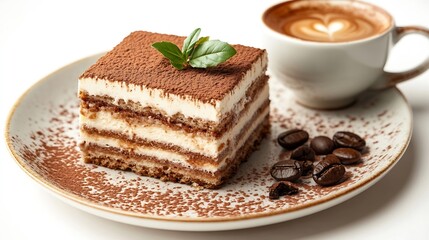 Classic tiramisu dessert on ceramic plate and cup of coffee isolated on white background with clipping path : Generative AI