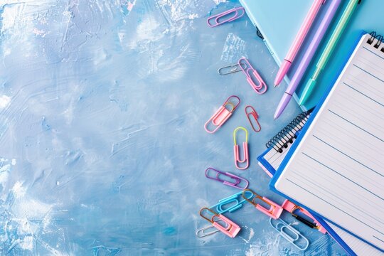 Education background with notebooks, pens, and paper clips, back to school concept with copy space