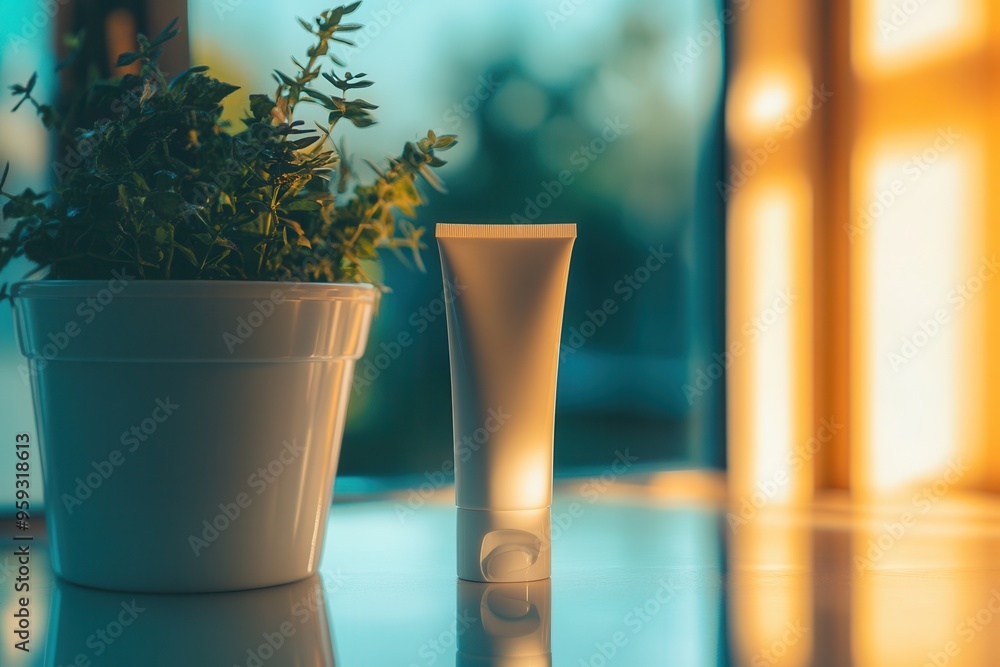 Aufkleber A tube of cream stands reflected in a mirror next to a small potted plant, illuminated by soft evening light, creating a serene atmosphere. Generative AI