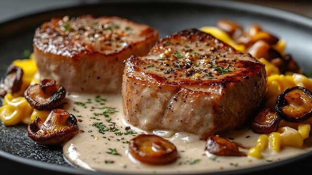 Modern style traditional barbecue pork filet medaillons in cream sauce with chanterelle mushrooms and spaetzle offered as closeup on a Nordic design plate : Generative AI