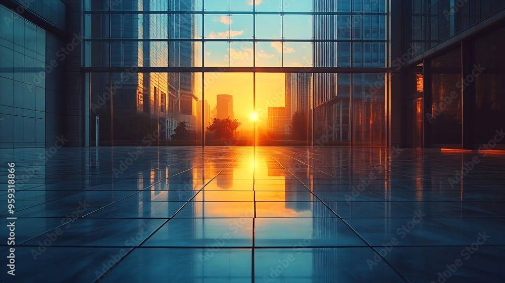 Poster empty square floor and glass wall with modern building at sunrise : generative ai