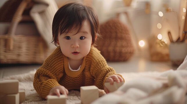 A baby plays with a set of soft, plush blocks, their expression one of pure concentration and joy. The cozy surroundings and gentle lighting add to the warmth of the scene. - Powered by Adobe