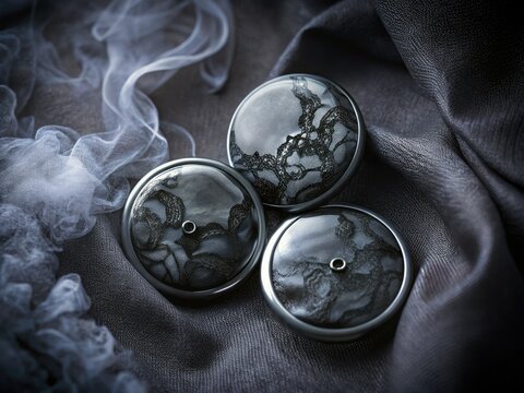 mysterious noir pin-back buttons and torn black lace on dark velvet fabric with subtle smoke and misty atmosphere and low-key lighting