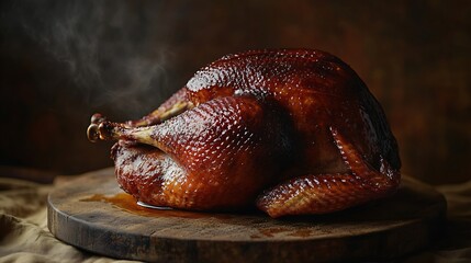Fototapeta premium Smoked turkey prepared for thanksgiving Isolated on a brown background Closeup Macro American cuisine : Generative AI