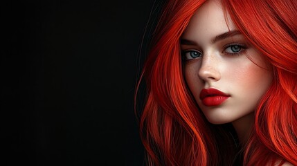 Naklejka premium Beautiful model with vibrant red hair and bold lips posing against a black background The image highlights healthy dyed hair and modern hairstyle Horizontal format : Generative AI
