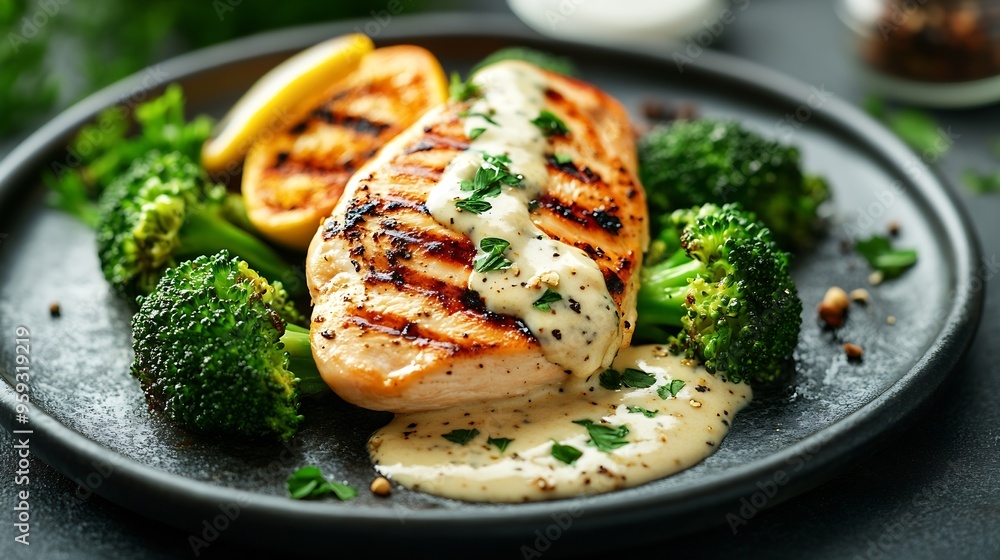Poster grilled chicken breast with cream sauce and broccoli : generative ai