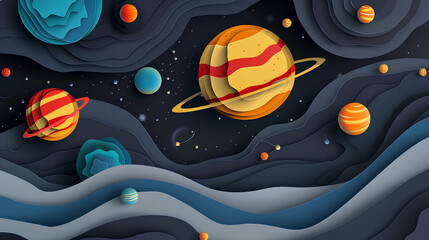 Fototapeta premium dark background with the solar system planets layered in a paper art 