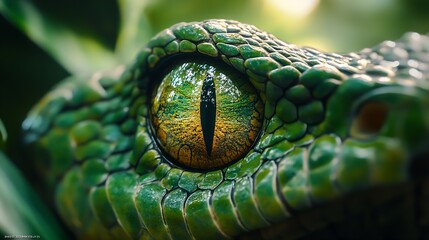 Fototapeta premium Snake eye green wildlife nature photography Open eye carnivore fur Dangerous predator animal tropical jungle forest hunter close up photo : Generative AI