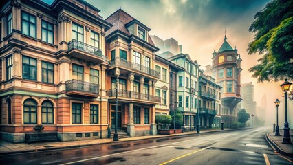 Obraz premium Vintage Aesthetic Retro Buildings Urban Renewal FoggyMornings