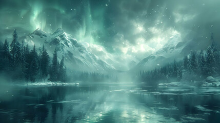 Fototapeta premium Snowy Mountain Lake with Aurora Borealis Illustration