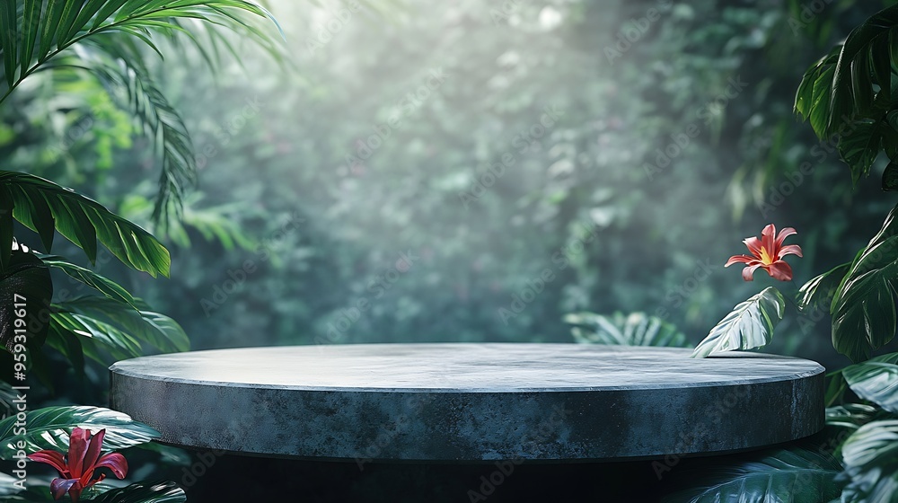 Poster natural stone and concrete podium in tropical forest with flowers empty showcase for packaging produ