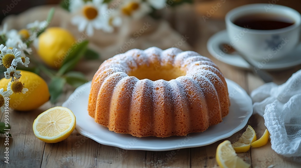 Aufkleber Homemade lemon cake in the form of a ring soaked with lemon syrup and cup of tea or coffee on white wooden table Front view : Generative AI