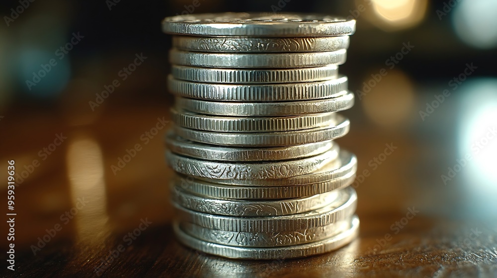 Poster stack of silver coins presentation at table going up as symbol of prosperity and rising income close