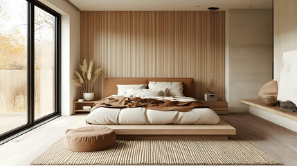 A modern bedroom with a wooden headboard, platform bed, and a rug, with a large window overlooking a patio.