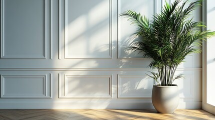 Fototapeta premium White classic wall background brown parquet floor home furniture detail frame and vase of plant : Generative AI