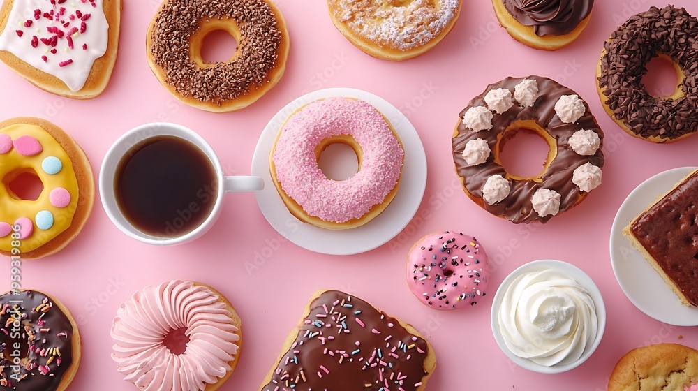 Poster table with various cookies donuts cakes cheesecakes and coffee cups on pink background delicious des