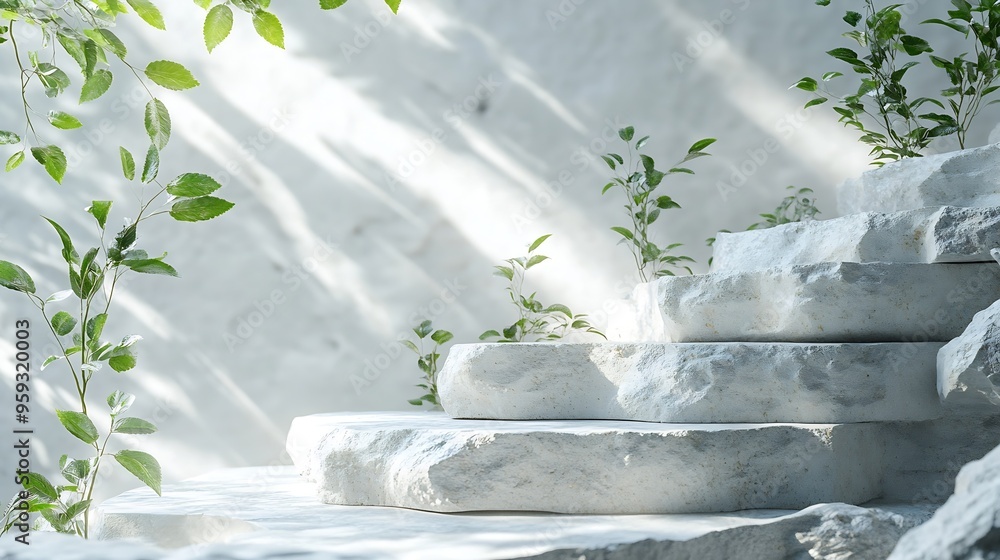 Aufkleber abstract nature scene with composition of white broken stone slabs podium white neutral background f