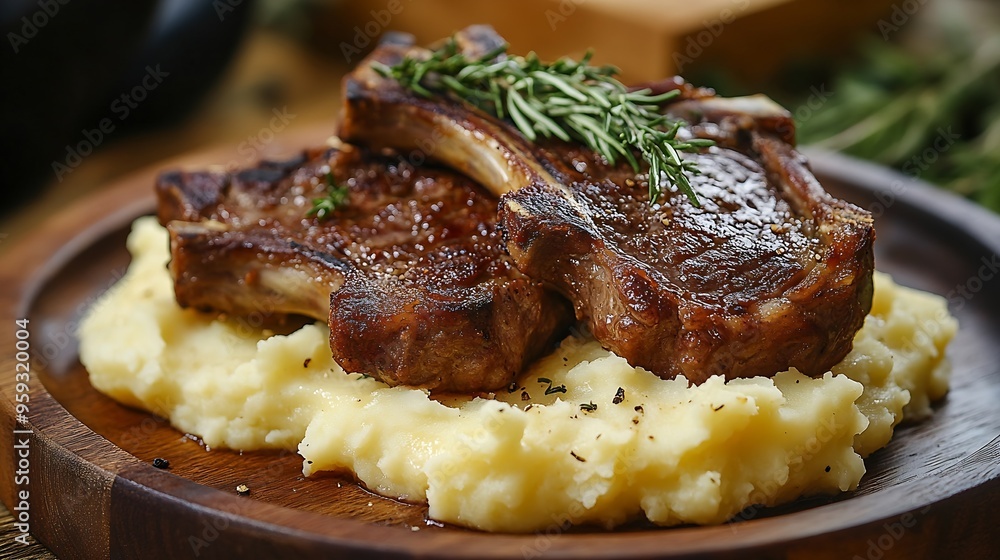 Aufkleber closeup on fried lamb chops with mashed potato on the wooden table vertical : generative ai