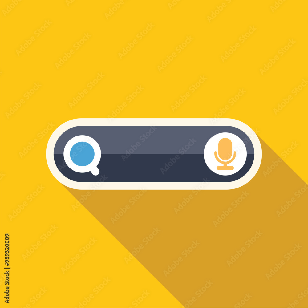 Poster search bar with a magnifying glass and a microphone icon, representing the ability to search using t
