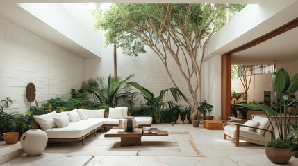A beautifully designed living room by Luis Barragan, enclosed by lush greenery. The white walls and cosy warm lights enhance the modern furniture, creating a serene ambiance. 