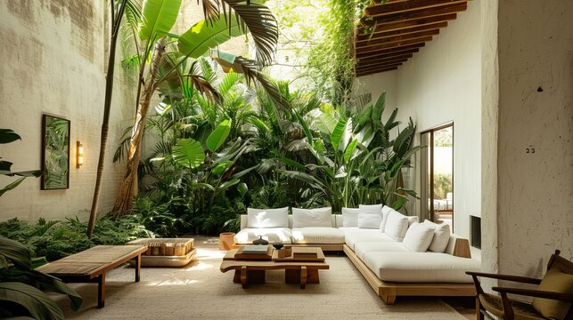 A beautifully designed living room by Luis Barragan, enclosed by lush greenery. The white walls and cosy warm lights enhance the modern furniture, creating a serene ambiance. 