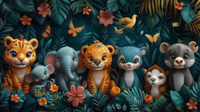 Adorable Jungle Animals Frame for Kids: African Baby Zoo Banner in Tropical Forest with Safari and Zoo Creatures in Horizontal Panorama - Vector Art Illustration