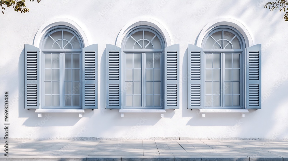 Poster closed gray arched shutters on a white facade concrete sidewalk and street in front background for c