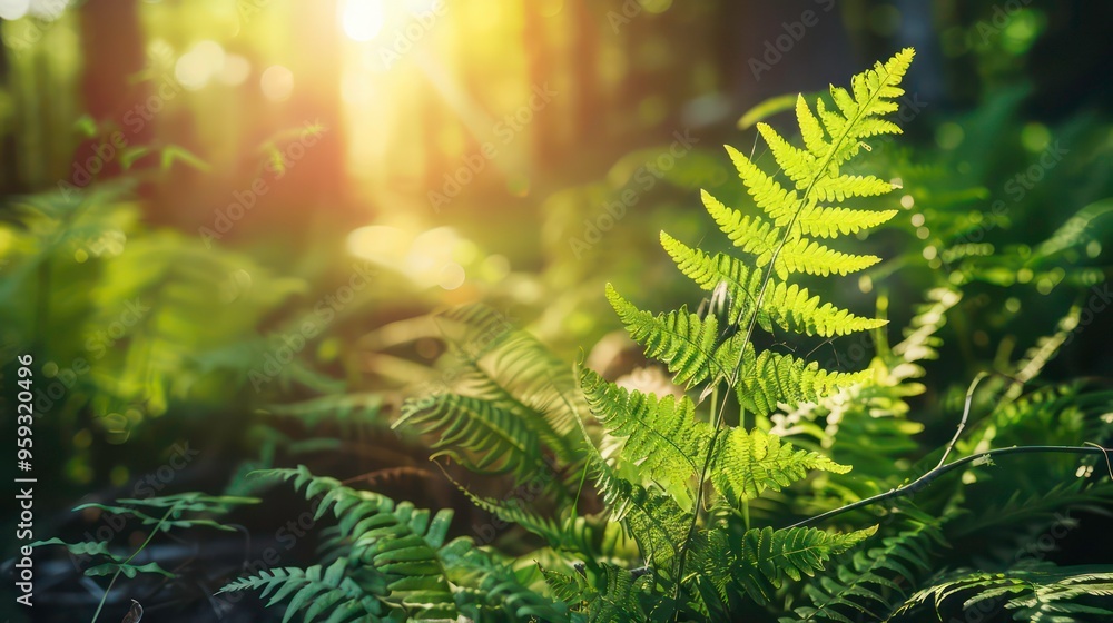 Poster sunlight filtering through green ferns in a forest, creating a vibrant and textured scene.