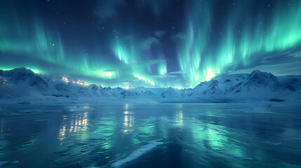 Naklejka premium Aurora Borealis Over Snowy Mountains - A Realistic Image