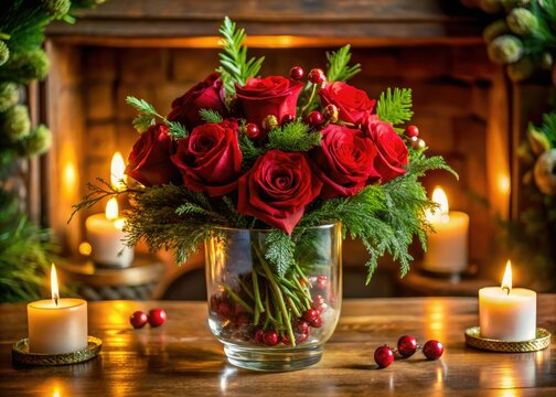daintily decorated handmade glass vase filled with crimson roses and evergreen sprigs on antique wooden mantle in soft warm candle glow