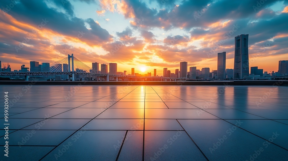 Aufkleber empty square floor and bridge with city skyline at sunset : generative ai