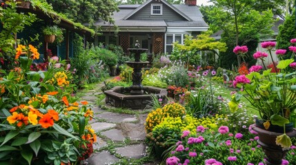 Obraz premium A beautifully landscaped garden with a variety of colorful flowers, a stone pathway, and a small fountain in front of a cozy home.