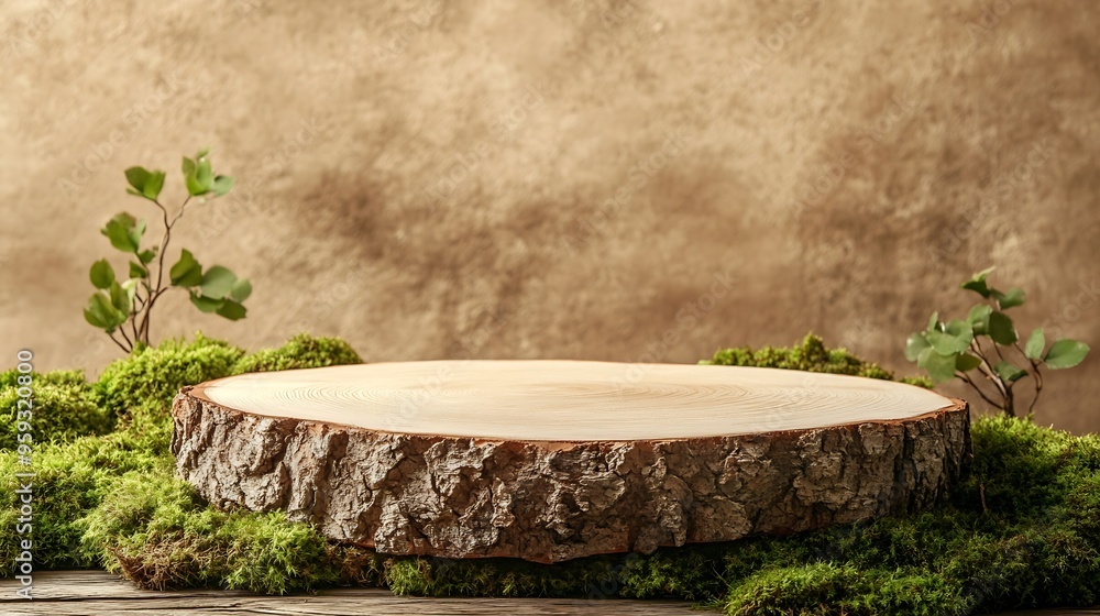 Poster wood podium platform on beige background with bark of birch wood branch green moss empty showcase fo