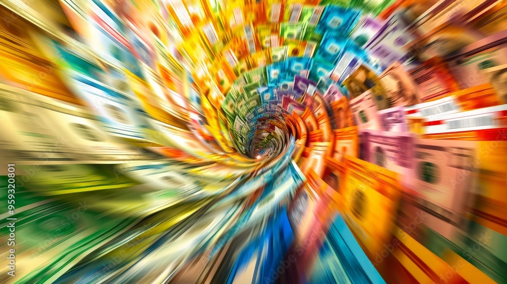Poster a burst of colorful currency notes spiraling through the air, creating a vivid display of wealth and