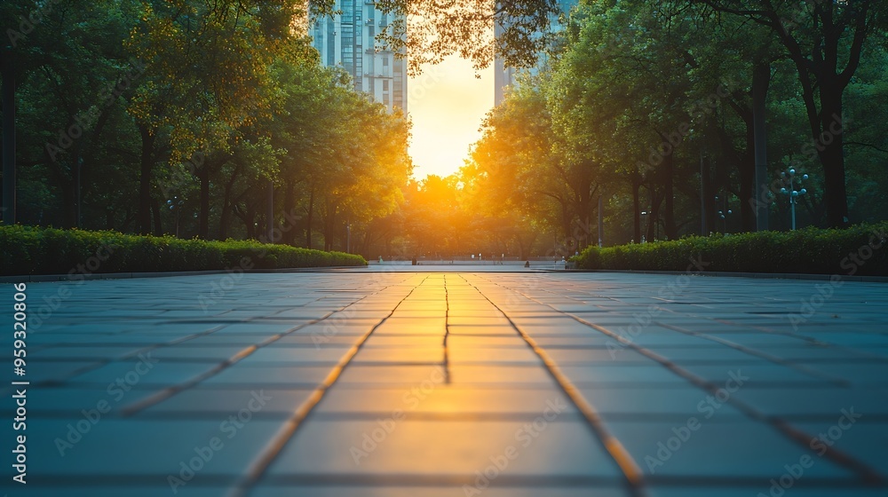 Poster empty square floor and green forest with buildings landscape at sunset : generative ai