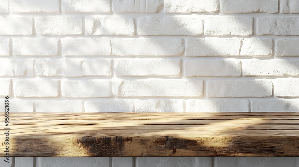Aufkleber empty space wooden top surface on white brick wall background with natural lighting mockup scene dis