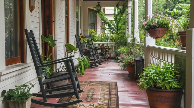 A charming front porch with rocking chairs, potted plants, and a welcome mat, creating a warm and inviting entrance.