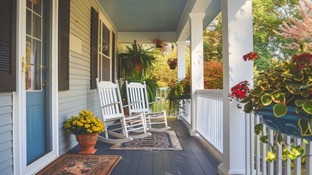 A charming front porch with rocking chairs, potted plants, and a welcome mat, creating a warm and inviting entrance.
