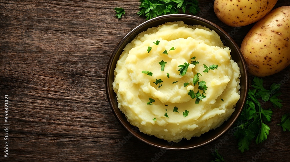 Aufkleber mashed potatoes boiled puree in bowl over wooden background with free space healthy comfort food top