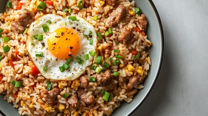 Top view of Fried rice with pork and egg isolated on white background Clipping path : Generative AI